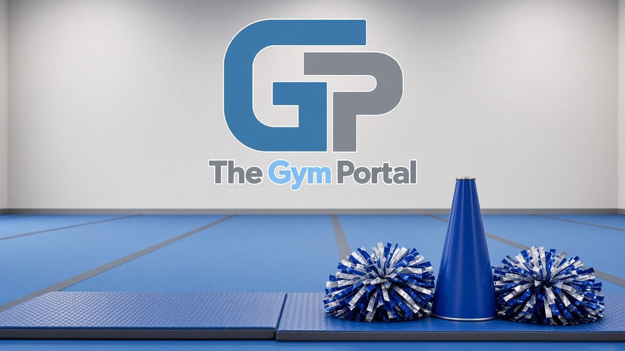 Gym floor branded with the stacked Gym Portal GP lockup, sky-blue mats, pom-poms, and a megaphone