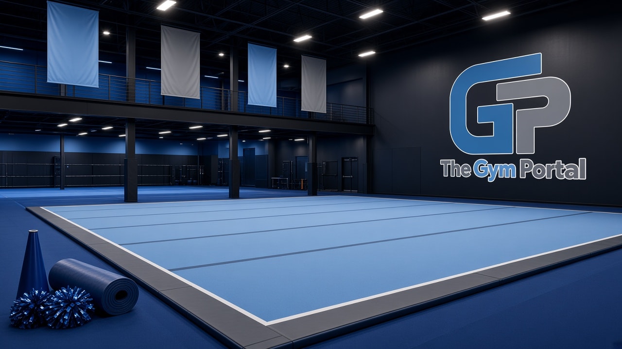 Cheer gym with the stacked Gym Portal GP lockup on the wall, sky-blue floor, and championship banners